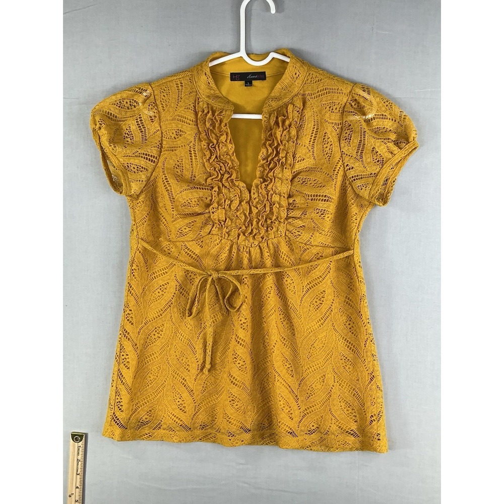 HeartSoul Women's Lace Tunic Top Mustard Yellow Ruffle V-Neck Tie Waist Size L